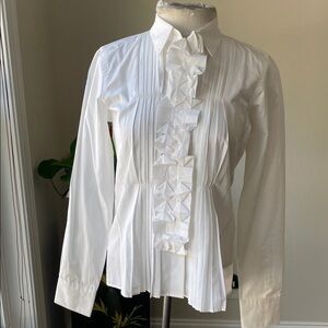 Uniqlo White Pleated Ruffle Front Button-Down Blouse